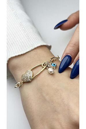 Nazar, Çengel Ve Zirkon Taşlı Kalp, Paslanmaz Çelik Bileklik 127, Altın Renk