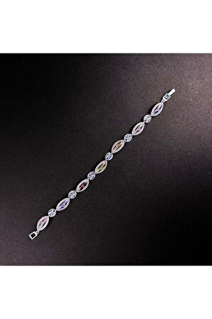 Renkli Zirkon Taşlı, Zincir Bileklik 142, Gümüş Renk