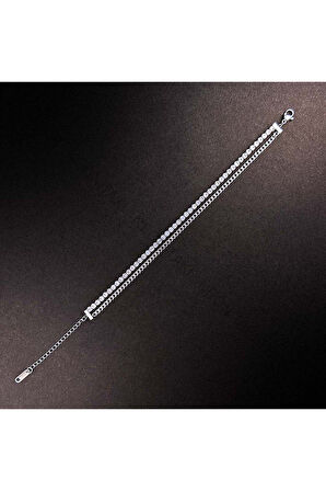 Zirkon Taşlı, Paslanmaz Çelik Zincir Bileklik 144, Gümüş Renk