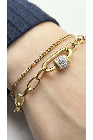Çift Zincirli, Zirkon Taşlı, Paslanmaz Çelik Zincir Bileklik 152, Altın Renk