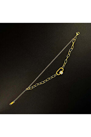 Çift Zincirli, Zirkon Taşlı, Paslanmaz Çelik Zincir Bileklik 152, Altın Renk