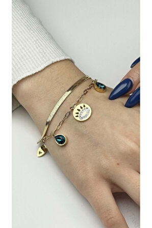 Zirkon Taşlı, Italyan Zinciri, Sallantılı, Paslanmaz Bileklik 155, Altın Renk