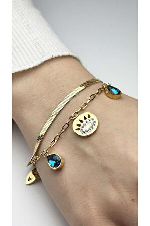 Zirkon Taşlı, Italyan Zinciri, Sallantılı, Paslanmaz Bileklik 155, Altın Renk