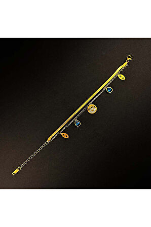 Zirkon Taşlı, Italyan Zinciri, Sallantılı, Paslanmaz Bileklik 155, Altın Renk