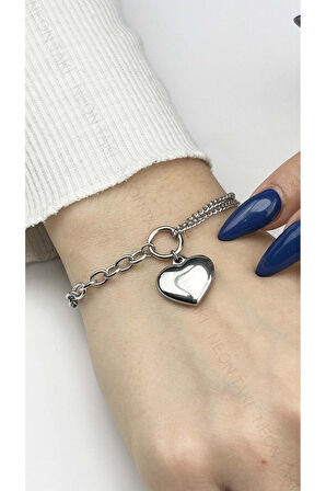 Kalp Figürlü, Paslanmaz Çelik Zincir Bileklik 156, Gümüş Renk