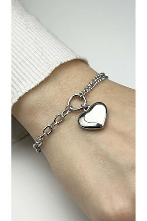 Kalp Figürlü, Paslanmaz Çelik Zincir Bileklik 156, Gümüş Renk