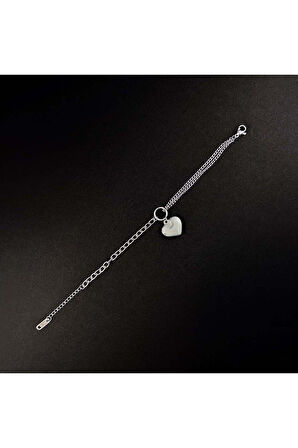 Kalp Figürlü, Paslanmaz Çelik Zincir Bileklik 156, Gümüş Renk