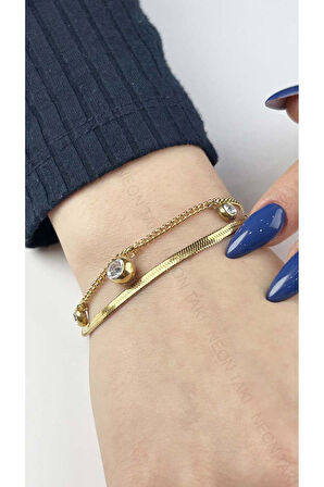 Sallantılı Zirkon Taşlı, Çift Renk, Paslanmaz Çelik Bileklik 159, Altın Renk