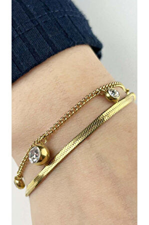 Sallantılı Zirkon Taşlı, Çift Renk, Paslanmaz Çelik Bileklik 159, Altın Renk