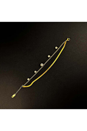 Sallantılı Zirkon Taşlı, Çift Renk, Paslanmaz Çelik Bileklik 159, Altın Renk