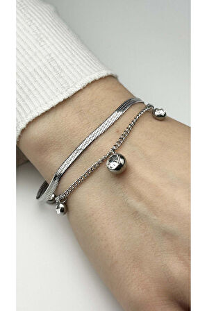 Zirkon Taşlı, Italyan Zinciri, Sallantılı, Paslanmaz Bileklik 160, Gümüş Renk