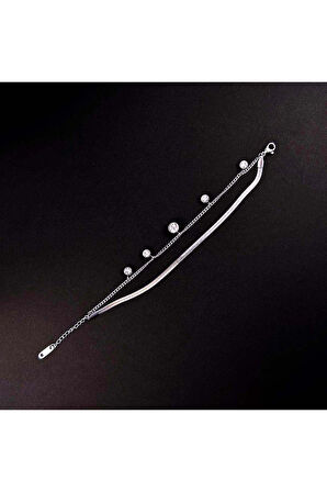 Zirkon Taşlı, Italyan Zinciri, Sallantılı, Paslanmaz Bileklik 160, Gümüş Renk