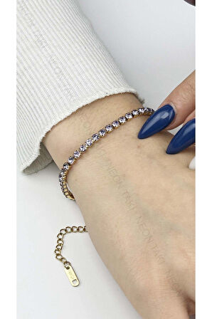 Su Yolu, Mor Zirkon Taşlı, Paslanmaz Çelik Zincir Bileklik 161, Altın Renk