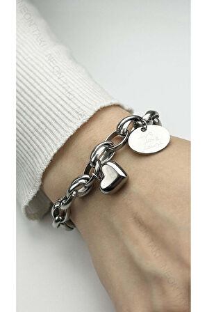 Sallantılı Kalp, Paslanmaz Çelik Zincir Bileklik 164, Gümüş Renk