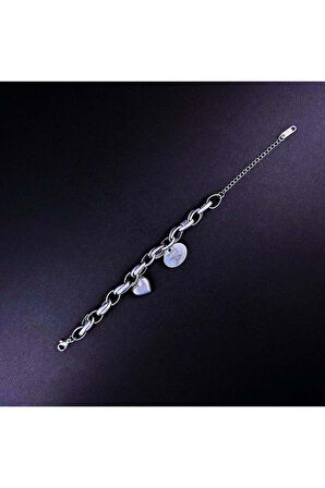 Sallantılı Kalp, Paslanmaz Çelik Zincir Bileklik 164, Gümüş Renk