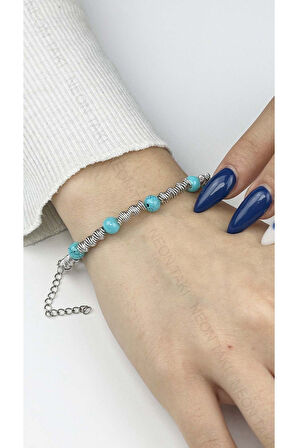 Bileklik, Kararmayan Çelik, Topçuk Detaylı, Gümüş Renk, Model360