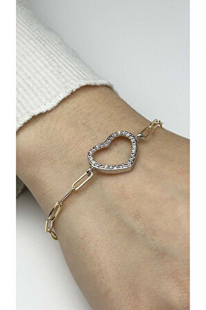 Kalp, Zirkon Taşlı, Pirinç Üzeri Kaplama Bileklik 361 , Zincir Gümüş Renk