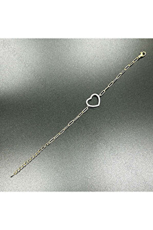 Kalp, Zirkon Taşlı, Pirinç Üzeri Kaplama Bileklik 361 , Zincir Gümüş Renk