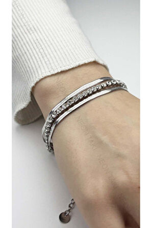 Su Yolu, Zirkon Taşlı, Italyan Zinciri, Paslanmaz Bileklik 370, Gümüş Renk