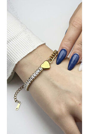 Kalp, Su Yolu, Zirkon Taşlı, Paslanmaz Çelik Zincir Bileklik 376, Altın Renk