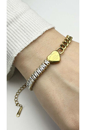 Kalp, Su Yolu, Zirkon Taşlı, Paslanmaz Çelik Zincir Bileklik 376, Altın Renk