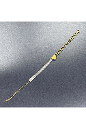 Kalp, Su Yolu, Zirkon Taşlı, Paslanmaz Çelik Zincir Bileklik 376, Altın Renk