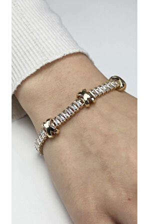 Xo Figürlü, Su Yolu, Zirkon Taşlı, Paslanmaz Çelik Bileklik 377, Altın Renk