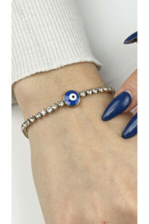 Tek Nazarlı, Zirkon Taş, Paslanmaz Çelik Zincir Bileklik 385, Altın Renk