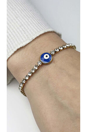 Tek Nazarlı, Zirkon Taş, Paslanmaz Çelik Zincir Bileklik 385, Altın Renk