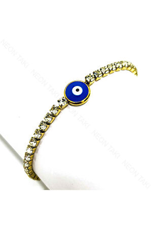 Tek Nazarlı, Zirkon Taş, Paslanmaz Çelik Zincir Bileklik 385, Altın Renk