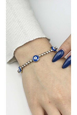 Bileklik, Zirkon Taşlı, Kararmayan Paslanmaz, Su yolu, Üçlü Nazar Detaylı, Altın Renk, Model386