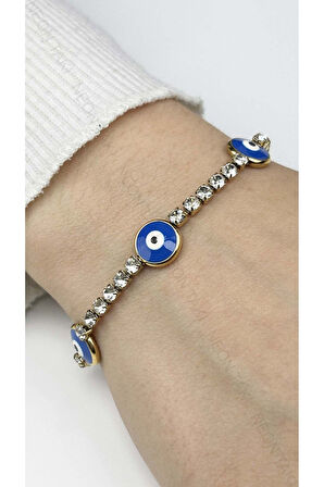 Bileklik, Zirkon Taşlı, Kararmayan Paslanmaz, Su yolu, Üçlü Nazar Detaylı, Altın Renk, Model386