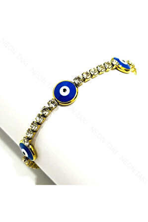 Bileklik, Zirkon Taşlı, Kararmayan Paslanmaz, Su yolu, Üçlü Nazar Detaylı, Altın Renk, Model386