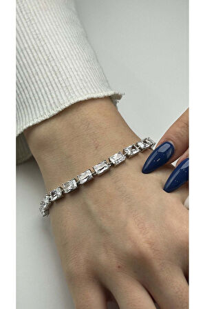 Zirkon Taşlı , Platinyum Kaplama Paslanmaz Bileklik 400, Gümüş Renk