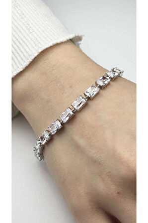 Zirkon Taşlı , Platinyum Kaplama Paslanmaz Bileklik 400, Gümüş Renk