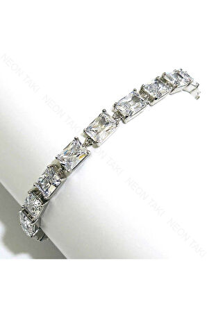 Zirkon Taşlı , Platinyum Kaplama Paslanmaz Bileklik 400, Gümüş Renk