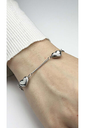 Sedefli Kalp Figürlü, Paslanmaz Çelik Zincir Bileklik 405, Gümüş Renk