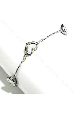 Sedefli Kalp Figürlü, Paslanmaz Çelik Zincir Bileklik 405, Gümüş Renk