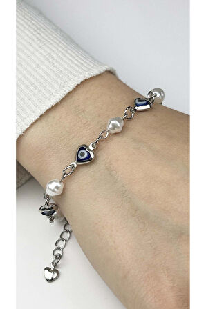 Incli Ve Kalp Formlu Nazarlı, Paslanmaz Çelik Zincir Bileklik 408, Gümüş Renk