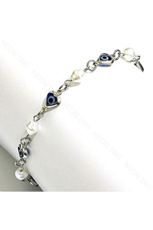 Incli Ve Kalp Formlu Nazarlı, Paslanmaz Çelik Zincir Bileklik 408, Gümüş Renk