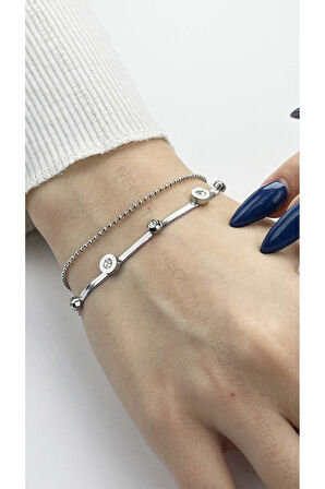 Topçuklu Ve Italyan Zincirli, Zirkon Taşlı Paslanmaz Bileklik 415, Gümüş Renk