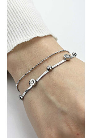 Topçuklu Ve Italyan Zincirli, Zirkon Taşlı Paslanmaz Bileklik 415, Gümüş Renk