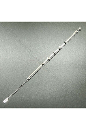 Topçuklu Ve Italyan Zincirli, Zirkon Taşlı Paslanmaz Bileklik 415, Gümüş Renk