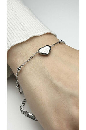 Topçuk Ve Kalp Figürlü, Paslanmaz Çelik Zincir Bileklik 417, Gümüş Renk