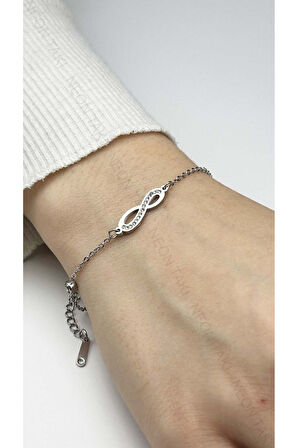 Sonsuzluk Sembolü, Zirkon Taşlı, Paslanmaz Çelik Bileklik 418, Gümüş Renk