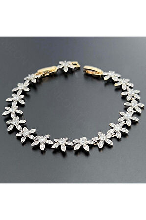 Zirkon Taşlı, Çiçek Figürlü, Yüzeyi Altın Çelik Bileklik 436, Kasa Altın Renk