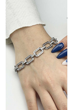 Zirkon Taşlı, Platinyum Kaplama, Paslanmaz Çelik Bileklik 437, Gümüş Renk