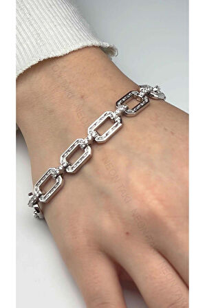 Zirkon Taşlı, Platinyum Kaplama, Paslanmaz Çelik Bileklik 437, Gümüş Renk