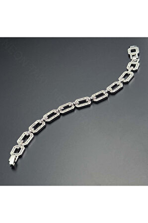 Zirkon Taşlı, Platinyum Kaplama, Paslanmaz Çelik Bileklik 437, Gümüş Renk