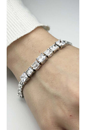 Zirkon Taşlı, Platinyum Kaplama, Paslanmaz Çelik Bileklik 441, Gümüş Renk